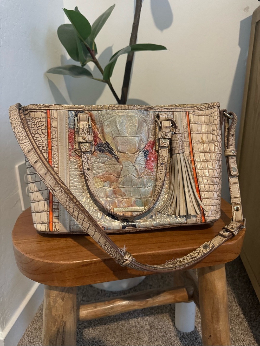 Brahmin Neutral Croc-Embossed Tote with Multicolor Painted Accent